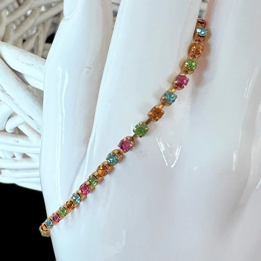 Rainbow Emerald Shaped Crystal Gold Tone Bracelet - Picture 3 of 9